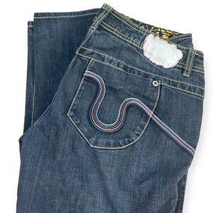 Akademiks Womens 36 Dark Wash Rainbow Embroidered Straight Leg Y2K Jeans Skull